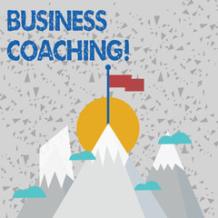 Text sign showing Business Coaching. Business photo text providing support and occasional advice to an individual Three High Mountains with Snow and One has Blank Colorful Flag at the Peak