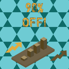 Text sign showing 90 Percent Off. Business photo text 90 percent reduction on the original price of a product Colorful Clustered 3D Bar Chart Graph Diagram in Perspective with Two Arrows