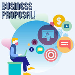 Word writing text Business Proposal. Business photo showcasing written offer from a seller to a prospective buyer Man Sitting Down with Laptop on his Lap and SEO Driver Icons on Blank Space