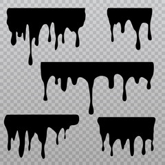 Black dripping liquid silhouettes isolated on checkered background. Oil splash and trickle leak sings
