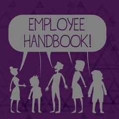 Writing note showing Employee Handbook. Business concept for states the rules and regulations and policies of a company Figure of People Talking and Sharing Colorful Speech Bubble