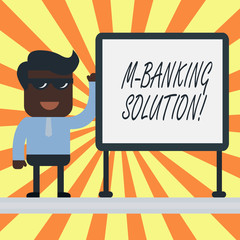 Text sign showing M Banking Solution. Business photo showcasing accessed banking through an application on the smartphone