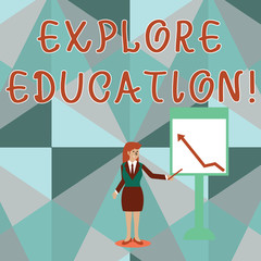 Conceptual hand writing showing Explore Education. Concept meaning Discover the ways of acquiring knowledge or skills Woman Holding Stick Pointing to Chart of Arrow on Whiteboard