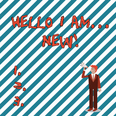 Writing note showing Hello I Am New. Business concept for used as greeting or to begin telephone conversation Businessman Looking Up, Holding and Talking on Megaphone