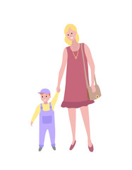 Mother and kid walking vector, isolated woman teaching son to walk. Mom and small child, person with handbag and kiddo wearing bodysuit, cartoon style