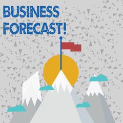 Text sign showing Business Forecast. Business photo text estimate or prediction of future developments in business Three High Mountains with Snow and One has Blank Colorful Flag at the Peak