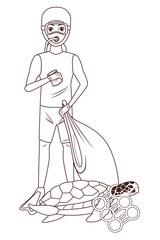 scuba diving avatar cartoon character in black and white