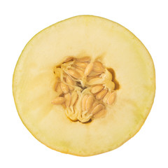 half of yellow melon with seeds  isolated on white background. front view