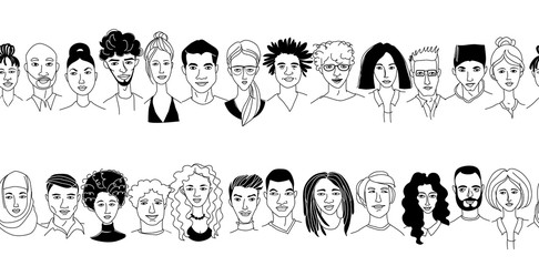 Obraz premium Decorative diverse women's men's head seamless pattern background. Multiethnic gruop