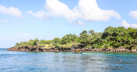 Native Caribbean men go fishing in the traditional way by casting a net and diving in to gather the fish. 