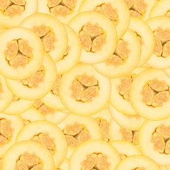 halves of yellow melon with seeds  background. front view