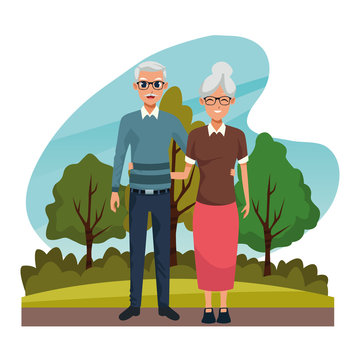 Grandparents couple smiling in nature cartoon