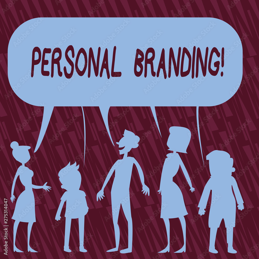 Fototapete Text sign showing Personal Branding. Business photo text process of creating a recognizable professional name Silhouette Figure of People Talking and Sharing One Colorful Speech Bubble