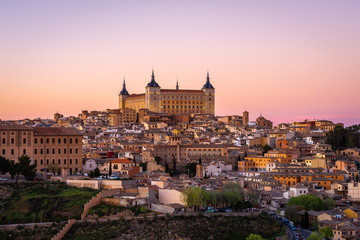 Panoramic view of Toledo with Alcazar castle at sunset, Castilla-La Mancha, Spain