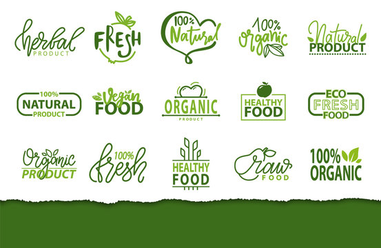 Fresh meal and organic ecology cleen products vector, logotypes with foliage and leaves, inscriptions, isolated logos with plant and vegetation, natural eco food set