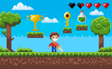 Obraz na płótnie Canvas Pixelated scenery vector, pixel art game process with hero character and nature, life in form of hearts, elixir in bottle, award on layer, golden key