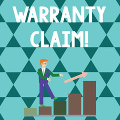 Word writing text Warranty Claim. Business photo showcasing Right of a customer for replacement or repair or compensation Smiling Businessman Climbing Colorful Bar Chart Following an Arrow Going Up