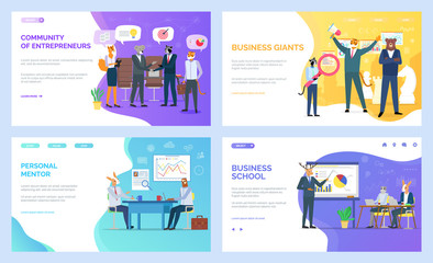 Business school vector, hipster animals developing skills in field. Personal mentor on meeting with student, entrepreneurs and giants tiger and bear. Website or webpage template, landing page flat