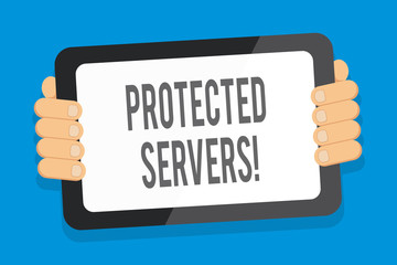 Word writing text Protected Servers. Business photo showcasing technology for controlling network access of a computer Color Tablet Smartphone with Blank Screen Handheld from the Back of Gadget