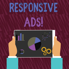Text sign showing Responsive Ads. Business photo text Automatically adjust form and format to fit existing ad space Hands Holding Tablet with Search Engine Optimization Driver Icons on Screen