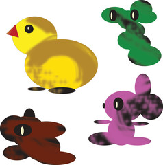 Seamless pattern of isolated color elements on white background. Yellow stylized chicken and three fantastic abstract figures, green, lilac and brown.