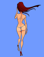 cartoon sexy woman with slim figure walks