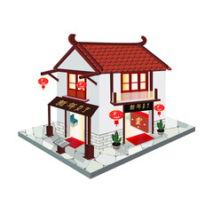 Traditional Asian House with Japanese Restaurant Isometric 3D Design Vector.