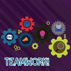 Text sign showing Teamwork. Business photo text combined action of group especially when effective and efficient Set of Global Online Social Networking Icons Inside Colorful Cog Wheel Gear