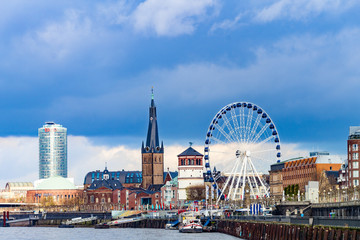 GERMANY, DUSSELDORF - NOVEMBER 28,2017: Beautiful shore of Rhine river during day in Dusseldorf , Nordrhein-Westfalen, Germany