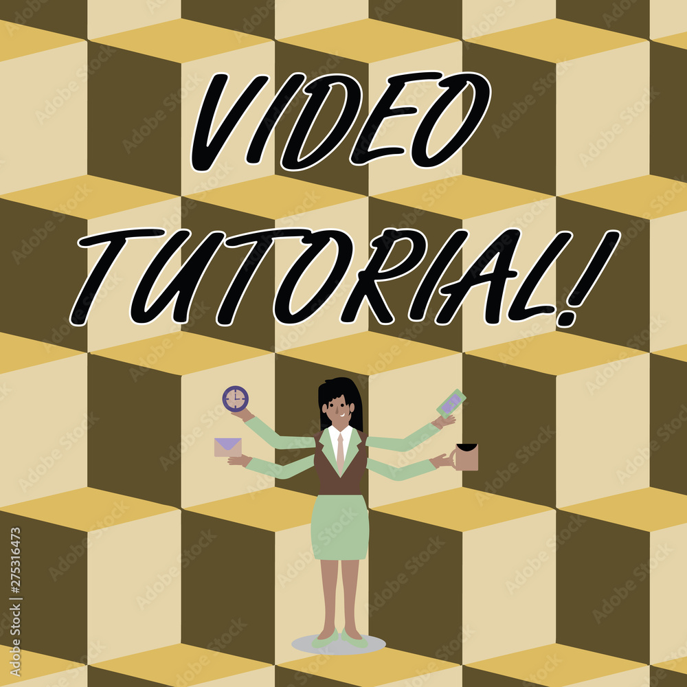 Poster Conceptual hand writing showing Video Tutorial. Concept meaning method of transferring knowledge through audiovisual clips Woman with Four Arms Extending Sideways Workers Needed Item