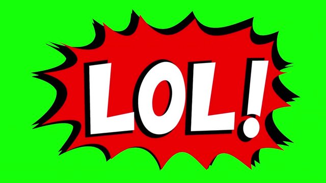 A comic strip speech bubble cartoon animation, with the words Omg, Lol. White text, red shape, green background.