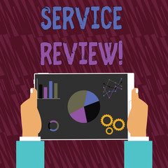 Text sign showing Service Review. Business photo text an option for customers to rate a company s is service Hands Holding Tablet with Search Engine Optimization Driver Icons on Screen