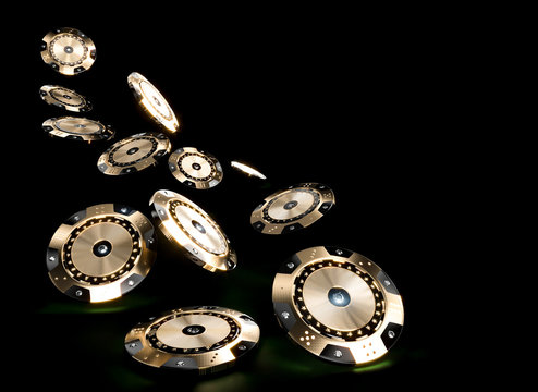 3d render image of casino chips in black and gold with diamond inserts on a dark background.