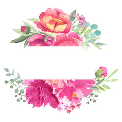 Watercolor frame design with peonies and leaves. Hand painted floral background with floral elements, peony and flowers. Garden style card