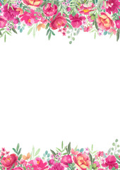 Watercolor frame design with peonies and leaves. Hand painted floral background with floral elements, peony and flowers. Garden style card