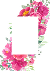 Watercolor frame design with peonies and leaves. Hand painted floral background with floral elements, peony and flowers. Garden style card