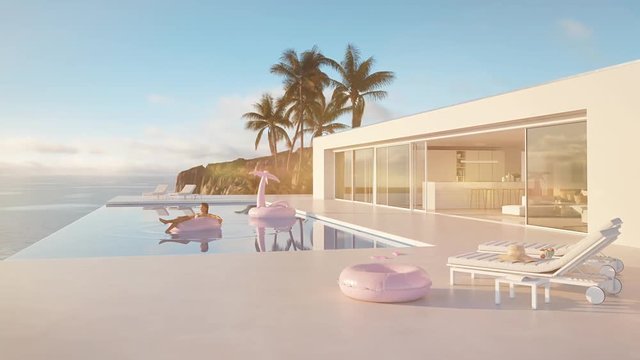 3D-Illustration. modern luxury infinity pool with summer accessoires. sun flares