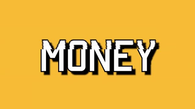 A glitchy distorted screen with the word Money. Big white font, orange background.