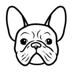 French bulldog black and white hand drawn cartoon portrait. Funny cute bulldog puppy face. Dogs, pets themed design element, icon, logo.