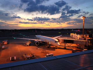 Fototapeta na wymiar Narita aiport with airplane ready to takeoff at sunset
