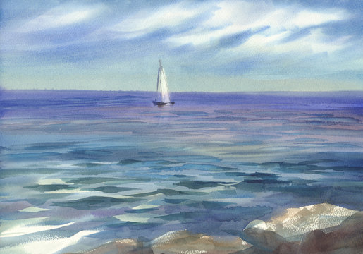 blue seascape with a sail watercolor background