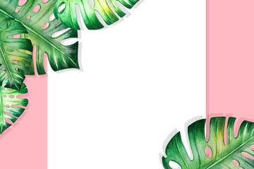 Fototapeta na wymiar Beautiful frame of tropical leaves. Monstera, palm. Watercolor painting. Exotic plant drawing. Copy and text space. Botanical composition. Greeting card. Painted background. Hand drawn illustration.