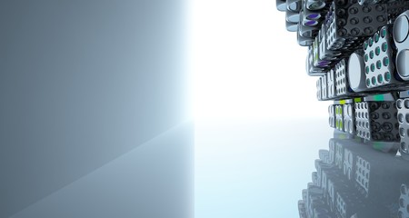 Abstract dynamic interior with black and colored gradient smooth objects. 3D illustration and rendering