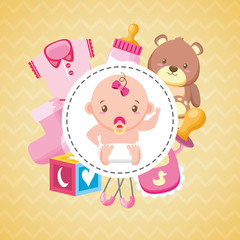 baby shower badge cute girl and toys