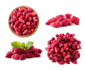 Fresh strawberries lay on white background. Background of wildberries. Ripe wild strawberry on a white background. Wild strawberries with copy space for text. Set of wildberries.