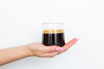 Hand Holding Espresso Drink White Isolated Background