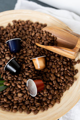 Loose Coffee Beans with Pods in Wooden Bowl