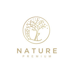 Nature abstract plant logo. Round emblem flower in a circle in linear style. flower shop, cosmetics, ecology concepts, health, spa, yoga Center.