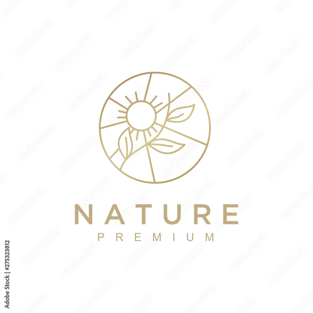 Poster Nature abstract plant logo. Round emblem flower in a circle in linear style. flower shop, cosmetics, ecology concepts, health, spa, yoga Center.