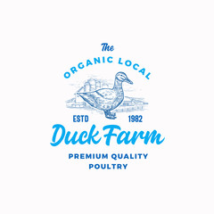 The Organic Poultry Farm Abstract Vector Sign, Symbol or Logo Template. Hand Drawn Duck Silhouette and Countryside Rural Buildings Landscape Sketch with Retro Typography. Vintage Emblem.